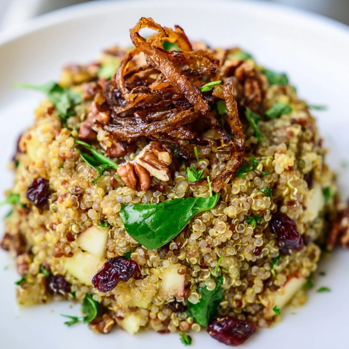 Colorful honey mustard quinoa apple salad topped with golden crispy shallots in a rustic bowl
