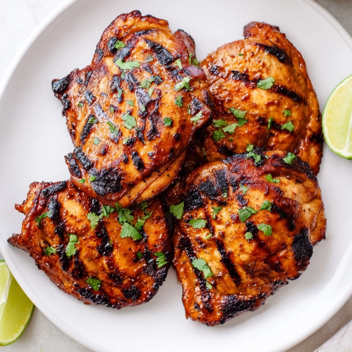 Charred sweet n spicy grilled chicken thighs resting on a rustic wooden cutting board
