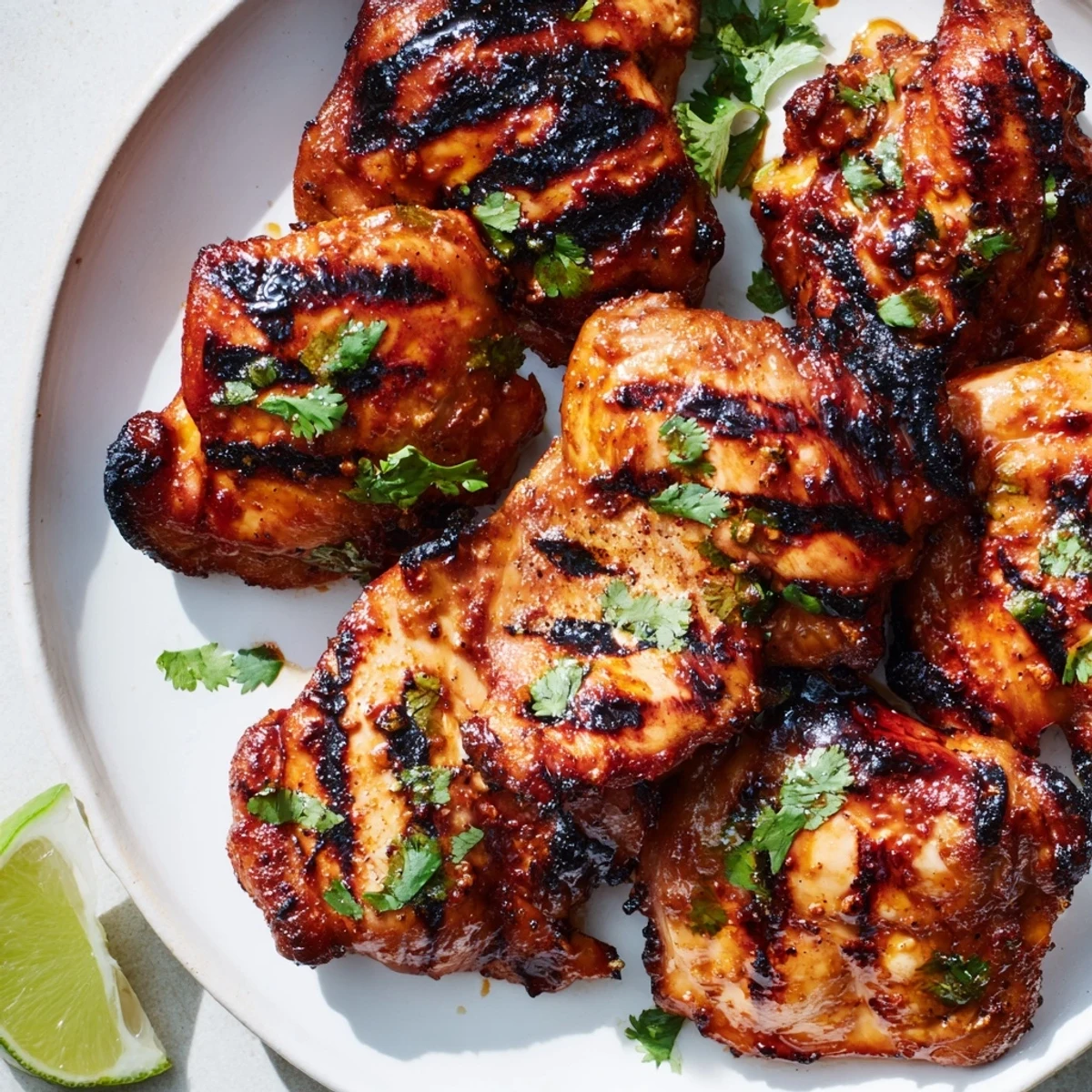 Caramelized sweet n spicy grilled chicken thighs garnished with bright cilantro and lime wedges