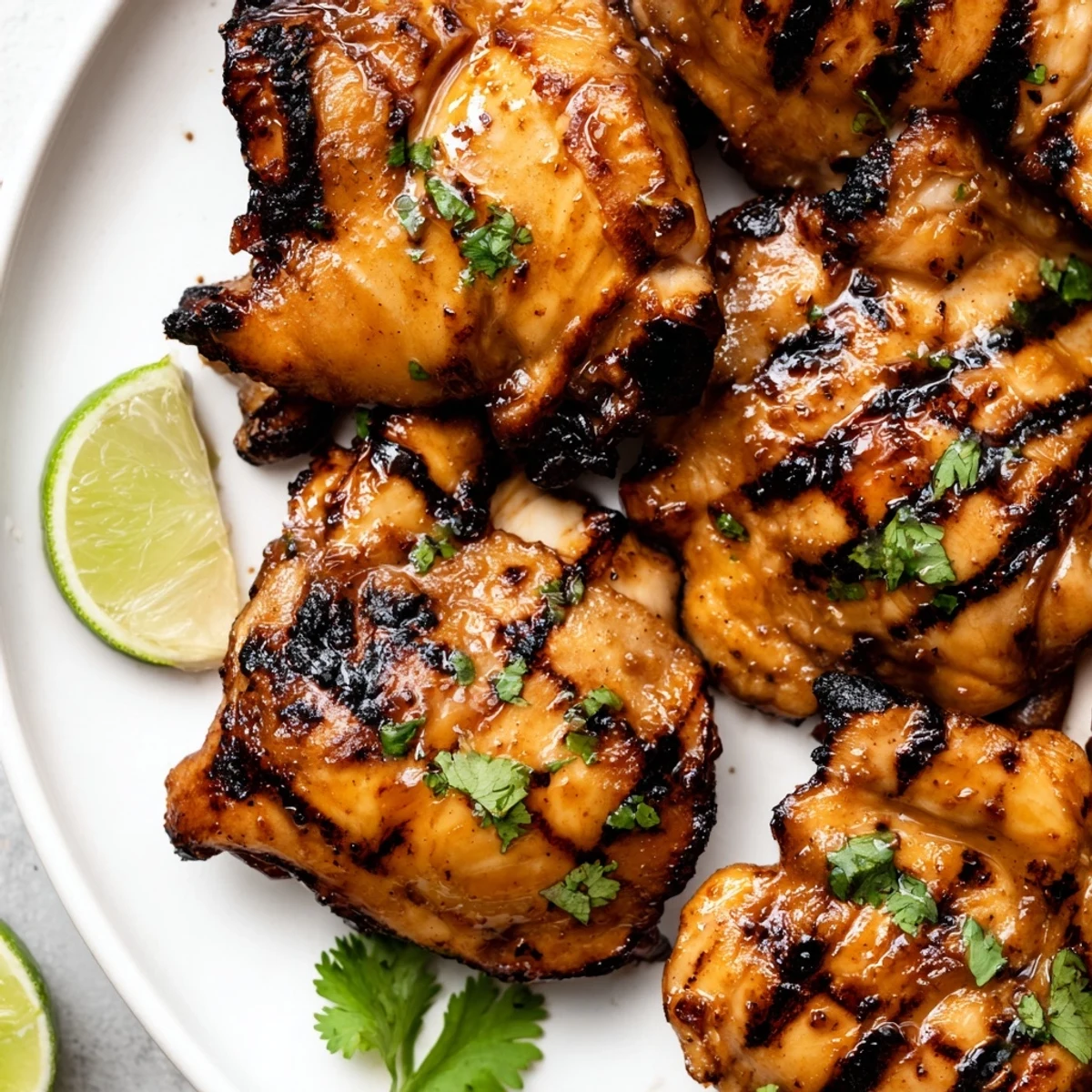 Juicy sweet n spicy grilled chicken thighs with glossy honey-chili glaze fresh off the grill