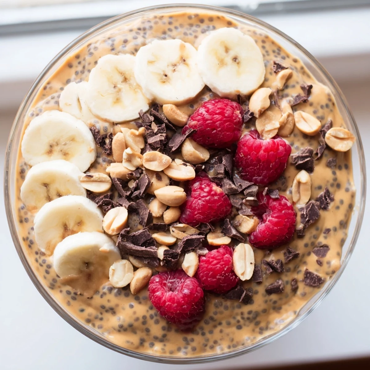 Thick creamy peanut butter chia pudding topped with sliced banana and roasted peanuts in a glass jar