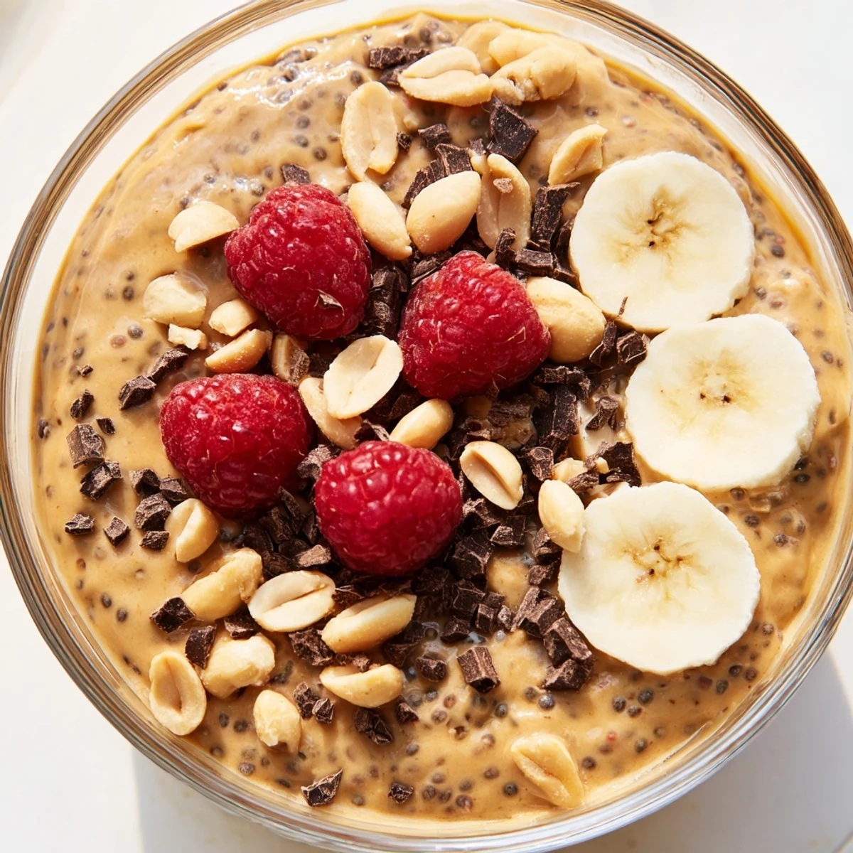 Smooth peanut butter chia pudding garnished with dark chocolate shavings and fresh berries in white bowl