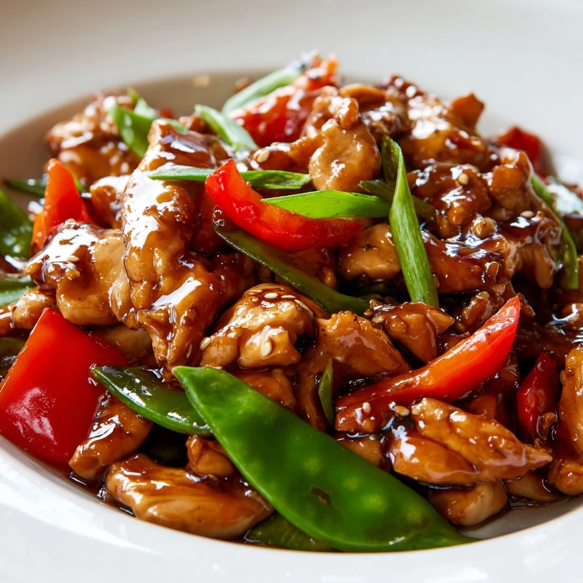 Sizzling stir-fried Chinese garlic chicken with crisp vegetables in a glossy sauce