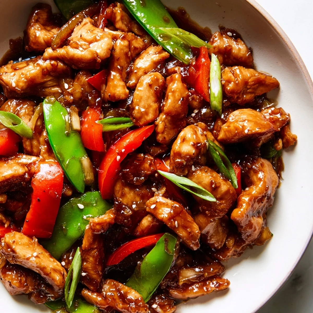 Tender stir-fried Chinese garlic chicken tossed with colorful bell peppers and snow peas