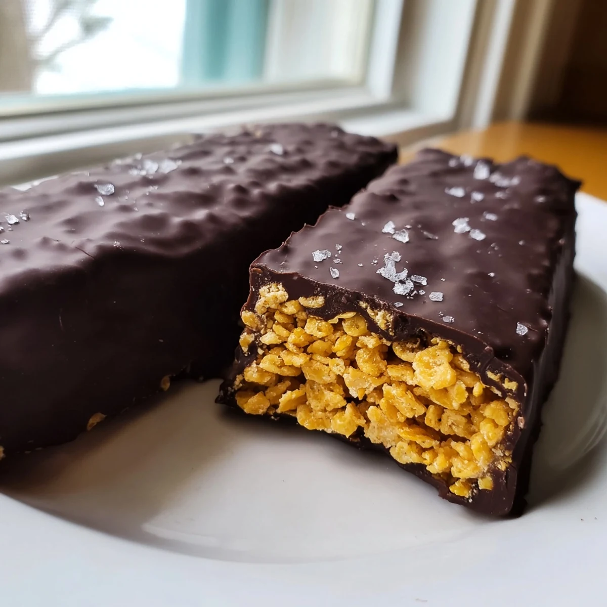 Golden peanut butter bars coated in rich chocolate with a crisp corn flake center