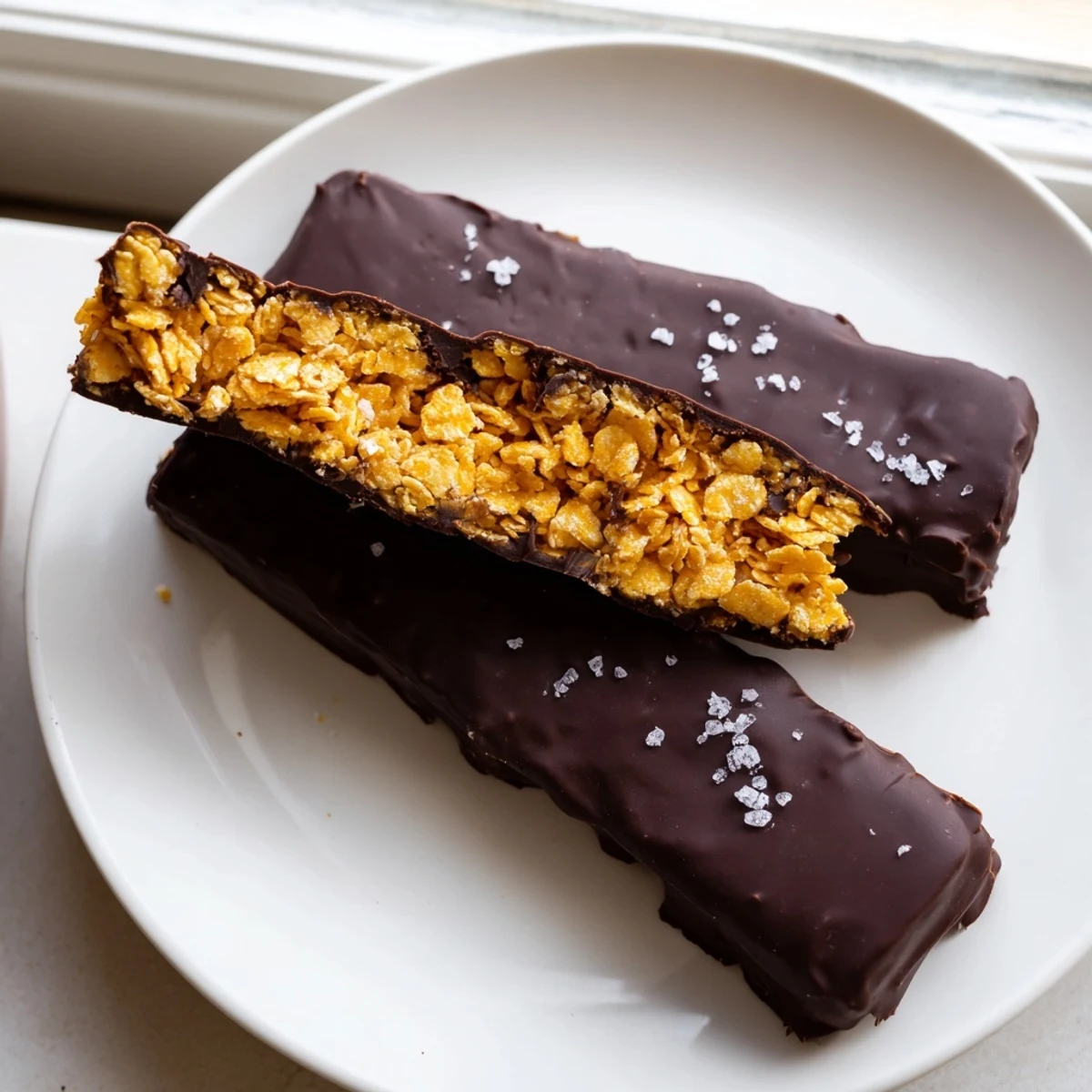 Healthy homemade Butterfingers stacked on a rustic plate drizzled with melted dark chocolate