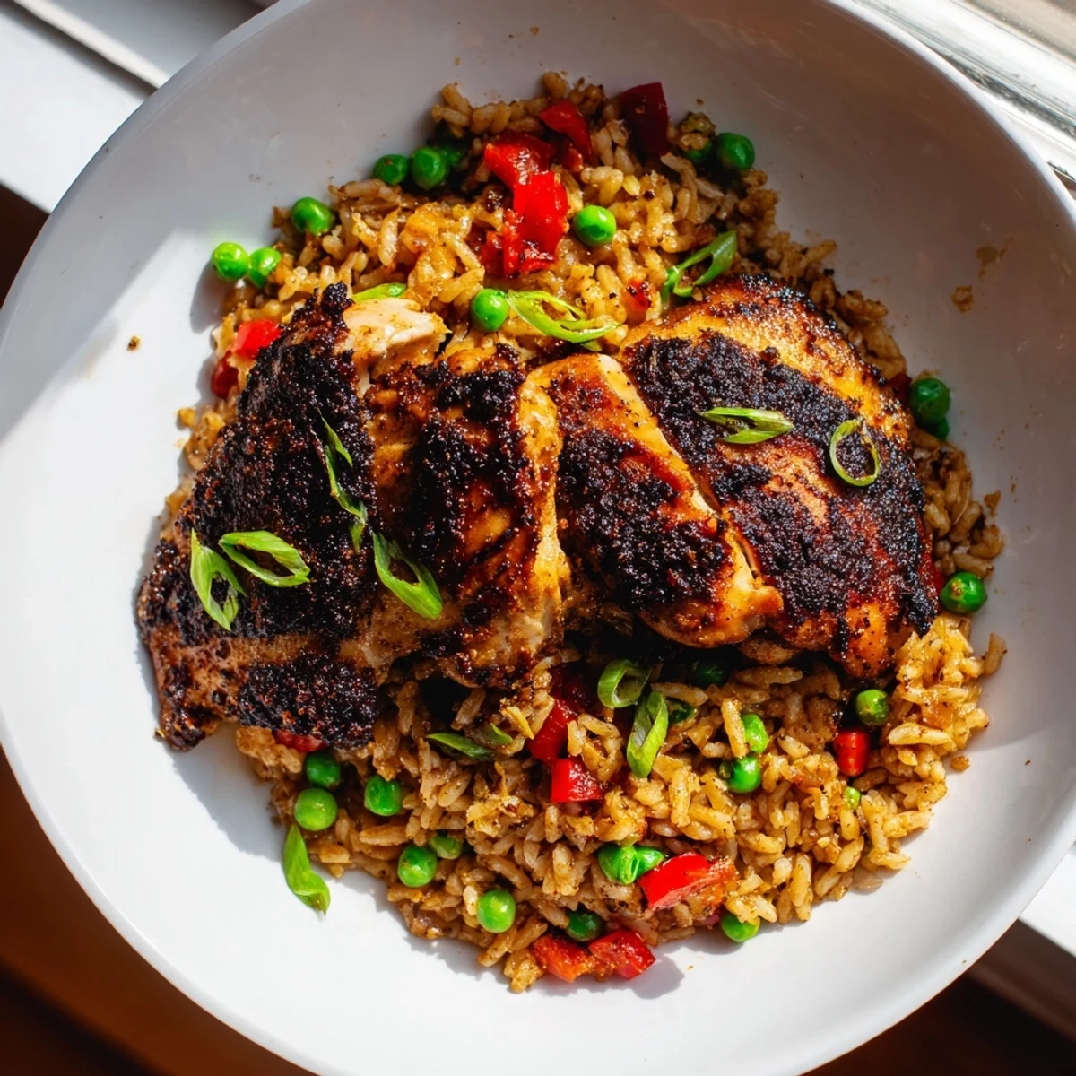Golden jerk chicken thighs nestled in fragrant coconut rice with vibrant bell peppers