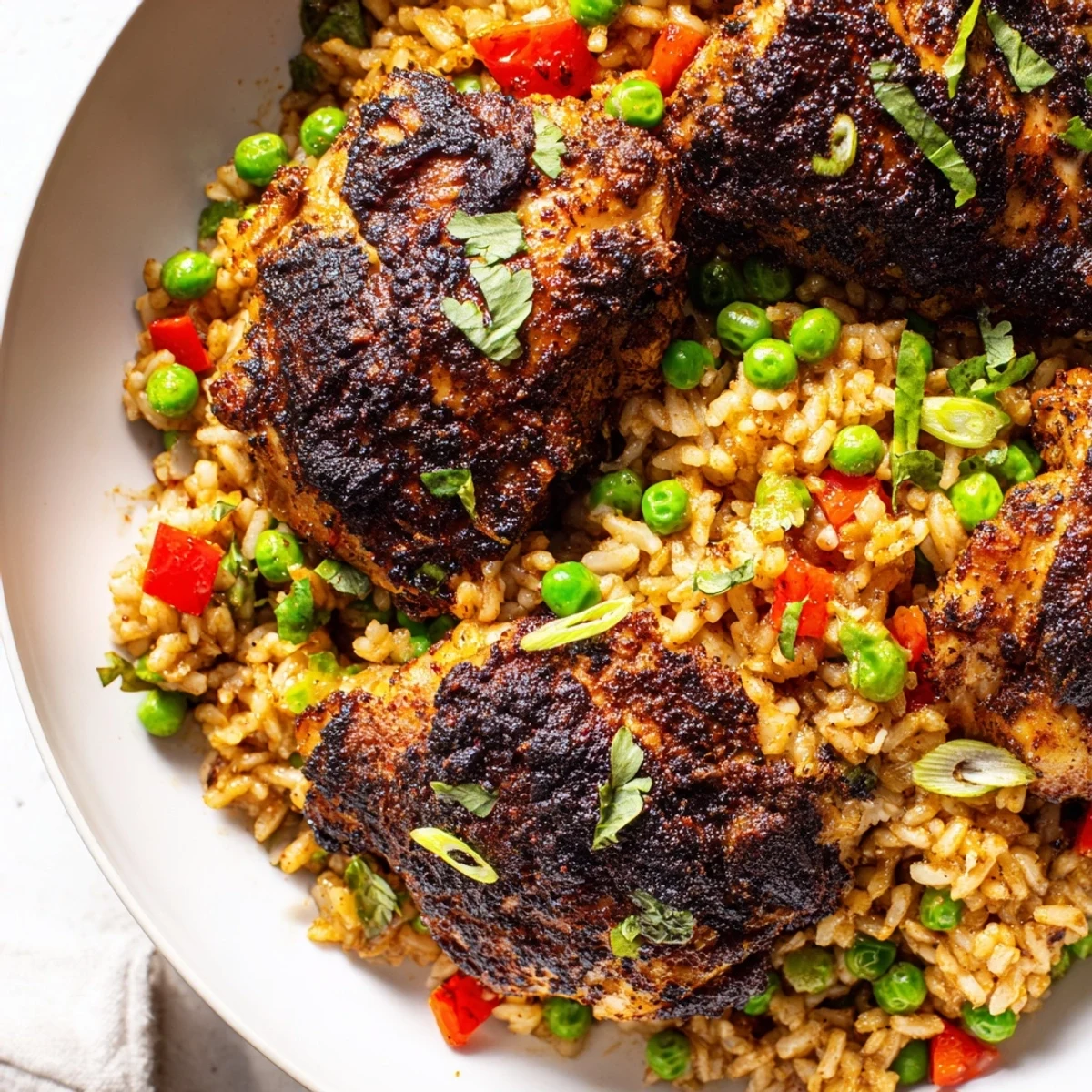Spicy jerk chicken rice garnished with fresh cilantro and sliced spring onions
