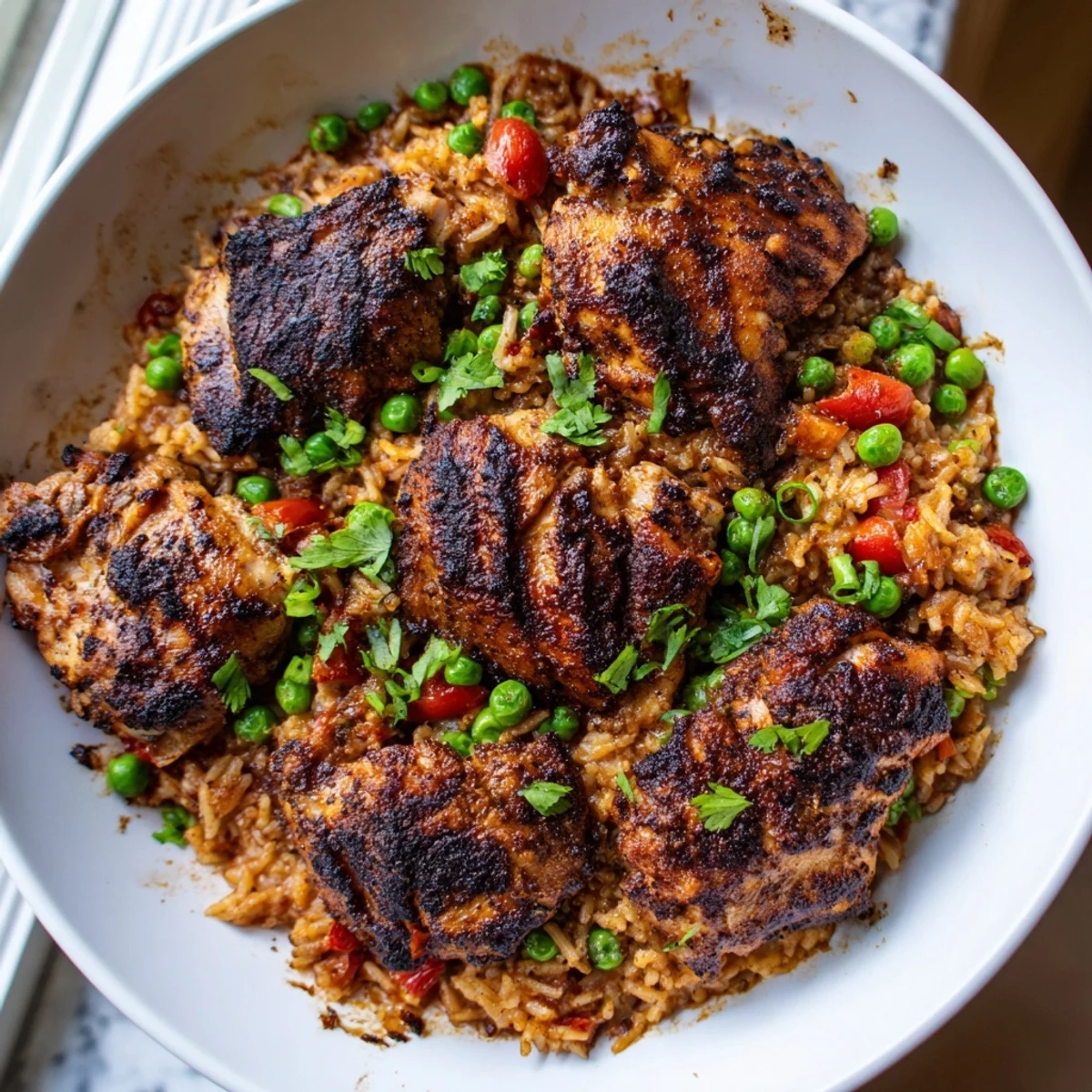 Steaming bowl of spicy jerk chicken rice studded with tender peas and caramelized onion