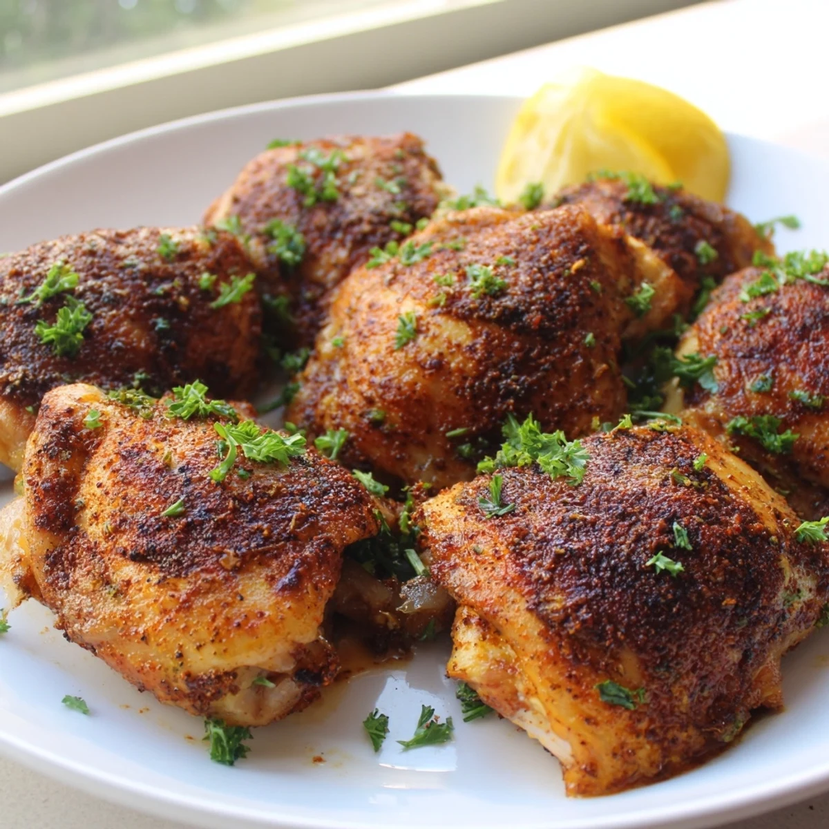 Golden crispy oven baked chicken thighs on a sheet pan with fresh parsley garnish