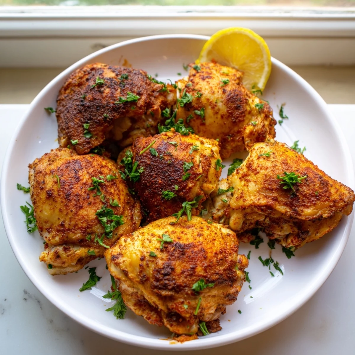 Juicy oven baked chicken thighs with smoky paprika crust served alongside lemon wedges