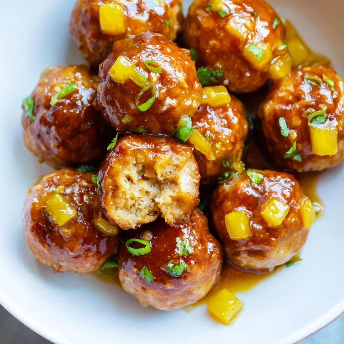 Golden chicken meatballs coated in glossy pineapple sauce topped with fresh cilantro