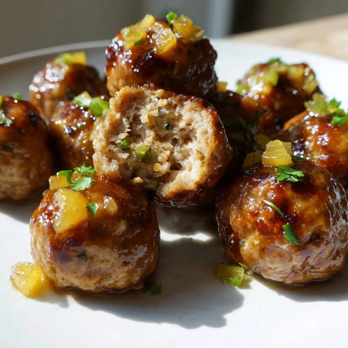 Sweet pineapple chicken meatballs nestled in a skillet of sticky caramelized glaze