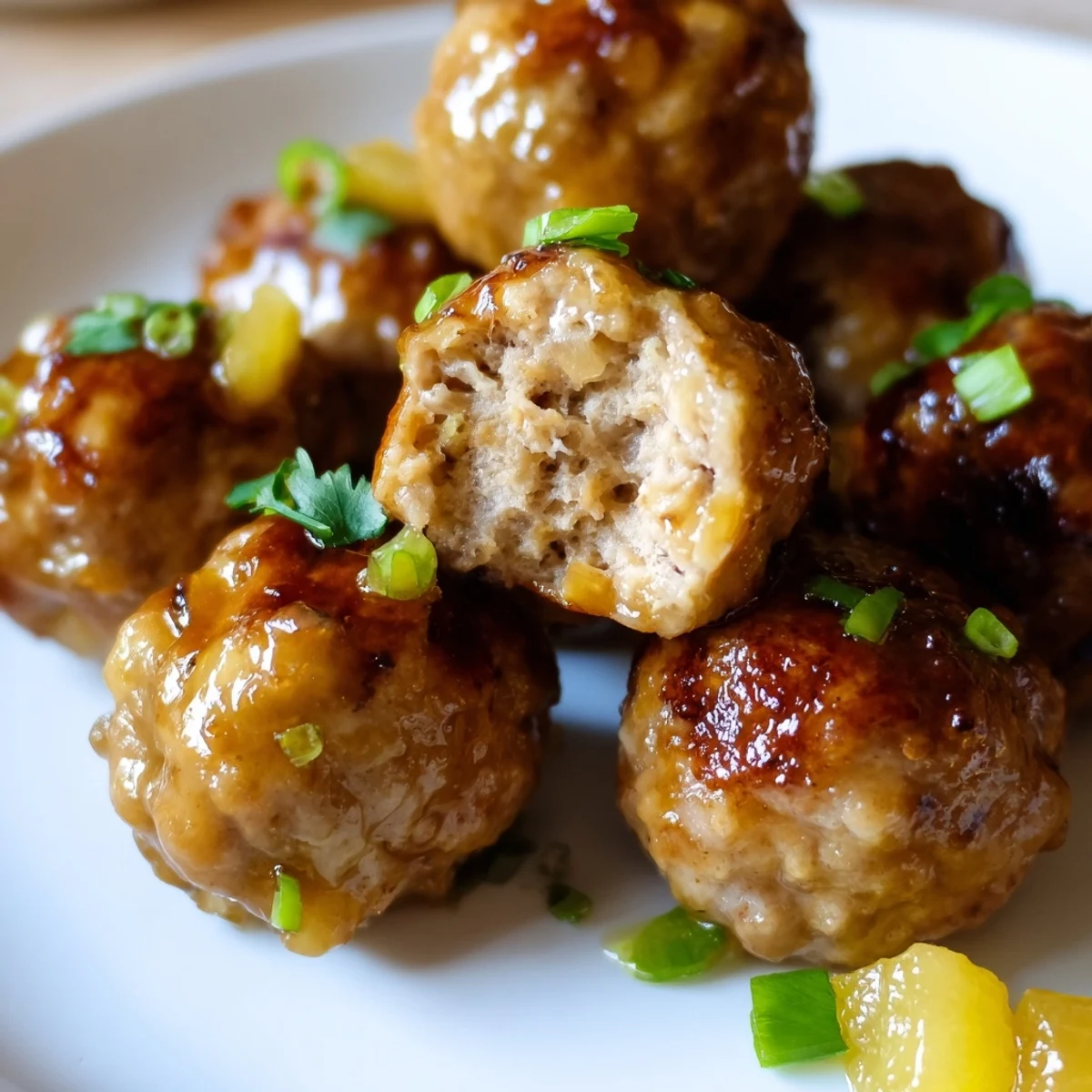 Tender glazed meatballs surrounded by juicy pineapple chunks on a bed of steamed white rice