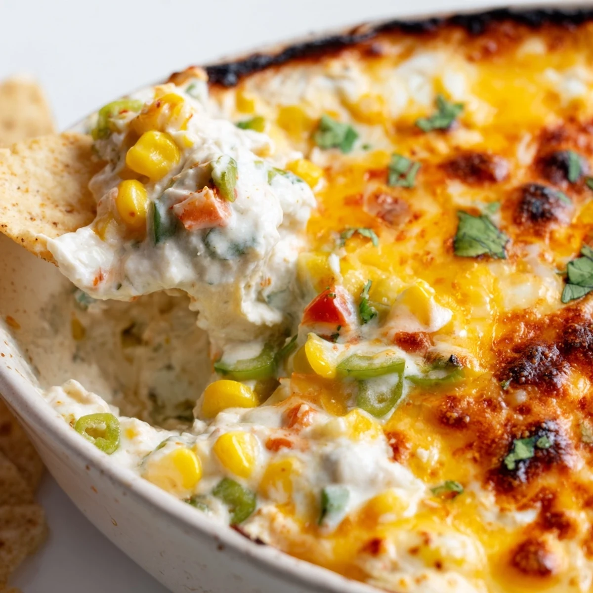 Baked creamy corn jalapeño dip topped with melted cheddar and fresh cilantro garnish