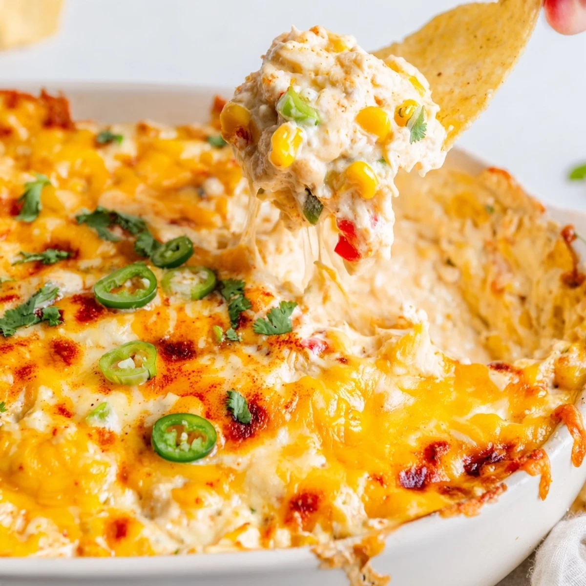 Golden bubbling baked creamy corn jalapeño dip served warm with crispy tortilla chips