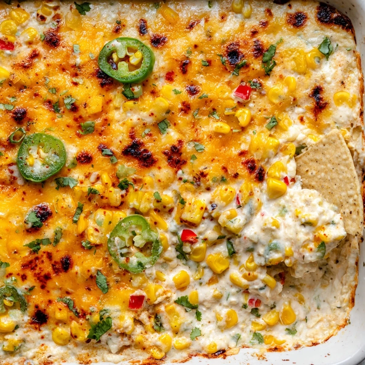 Steaming scoop of baked creamy corn jalapeño dip in a cast iron skillet