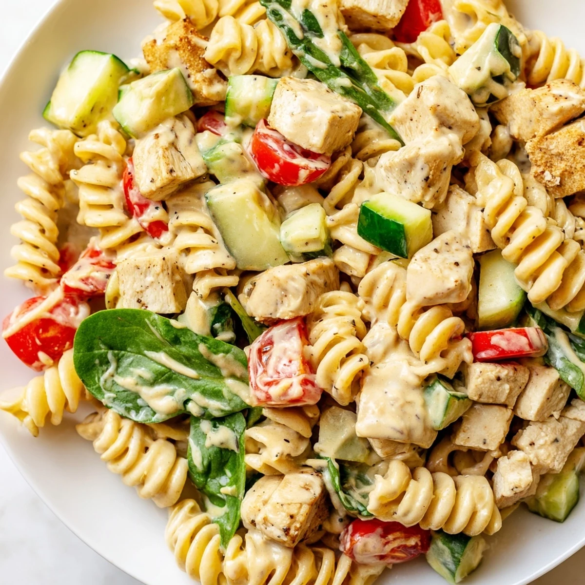 Creamy honey mustard chicken pasta salad served in a rustic bowl