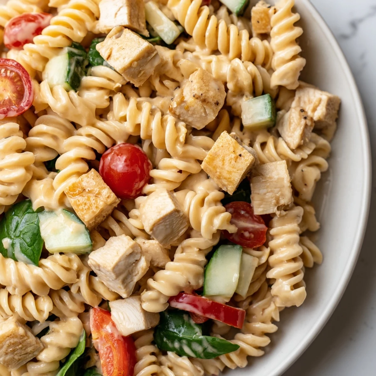 Golden seared chicken tucked into honey mustard chicken pasta salad