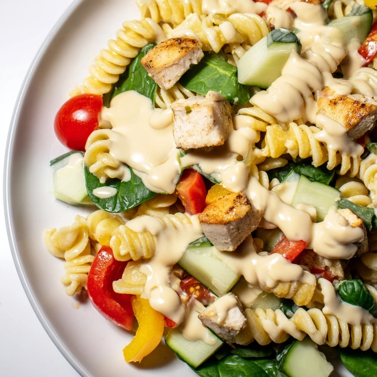 Honey mustard chicken pasta salad with colorful crisp vegetables and greens