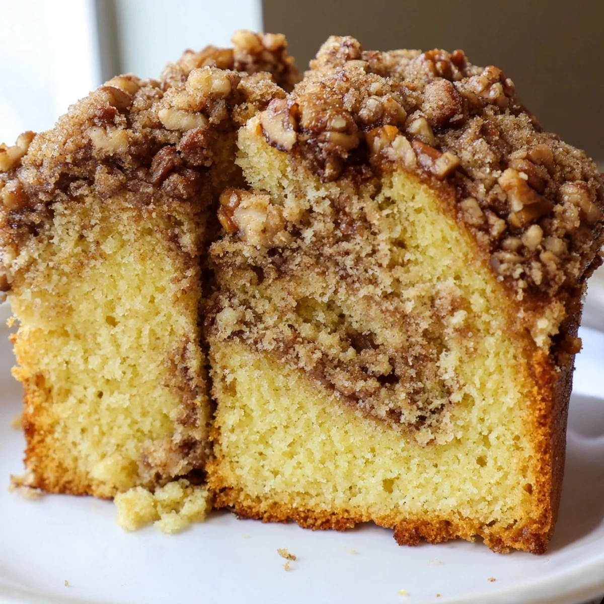 Golden Cinnamon Pecan Crunch Coffee Cake sliced and served on a rustic white plate