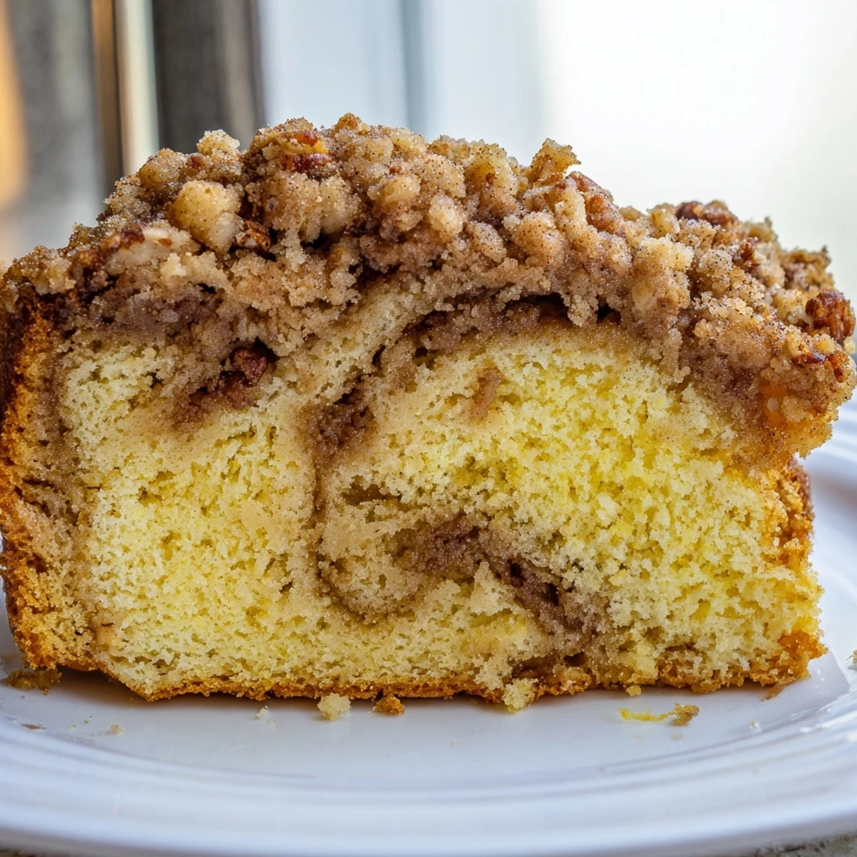 Warm Cinnamon Pecan Crunch Coffee Cake with a crumbly pecan streusel topping fresh from the oven