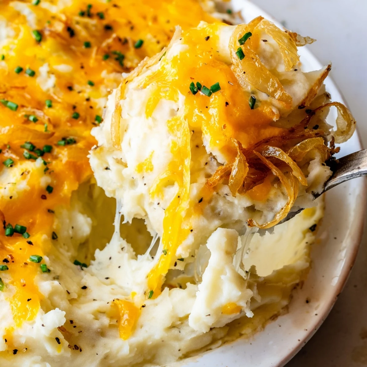 Golden bubbling cheesy onion mashed potato casserole fresh from the oven with melted cheddar