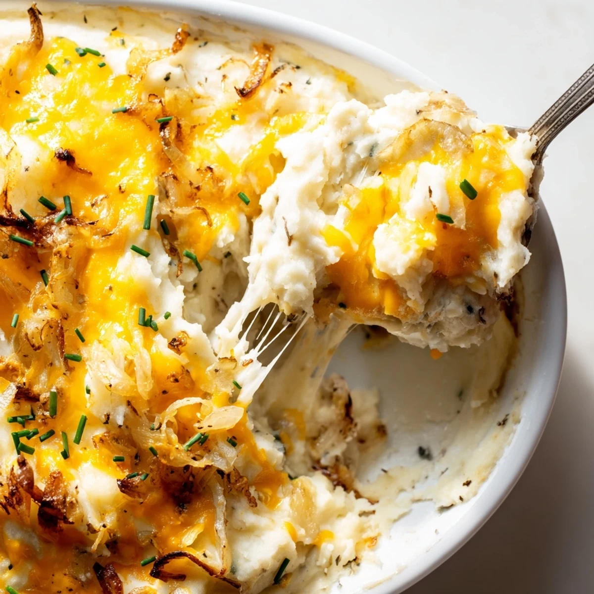 Creamy cheesy onion mashed potato casserole topped with caramelized onions in a rustic baking dish