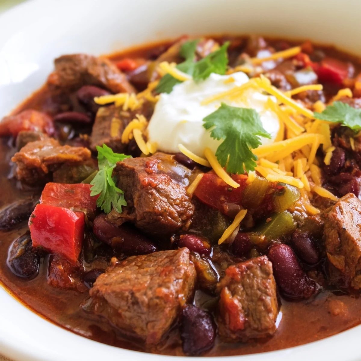 Steaming bowl of beefy chili stew topped with fresh cilantro and sour cream