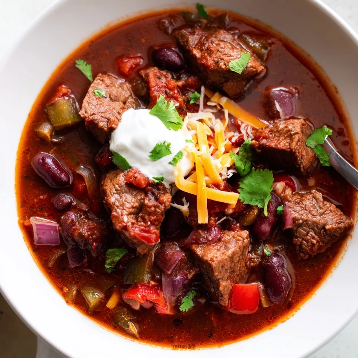 Crusty bread dipped into a rich beefy chili stew with melted cheddar
