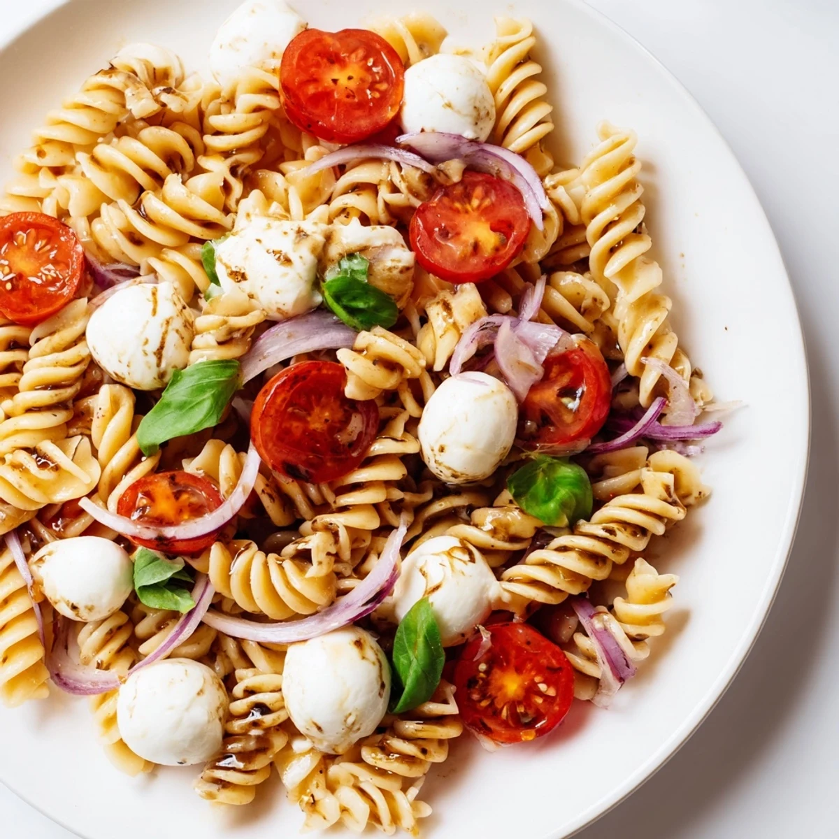 Caprese Pasta Salad in a white bowl with bright cherry tomatoes and fresh mozzarella