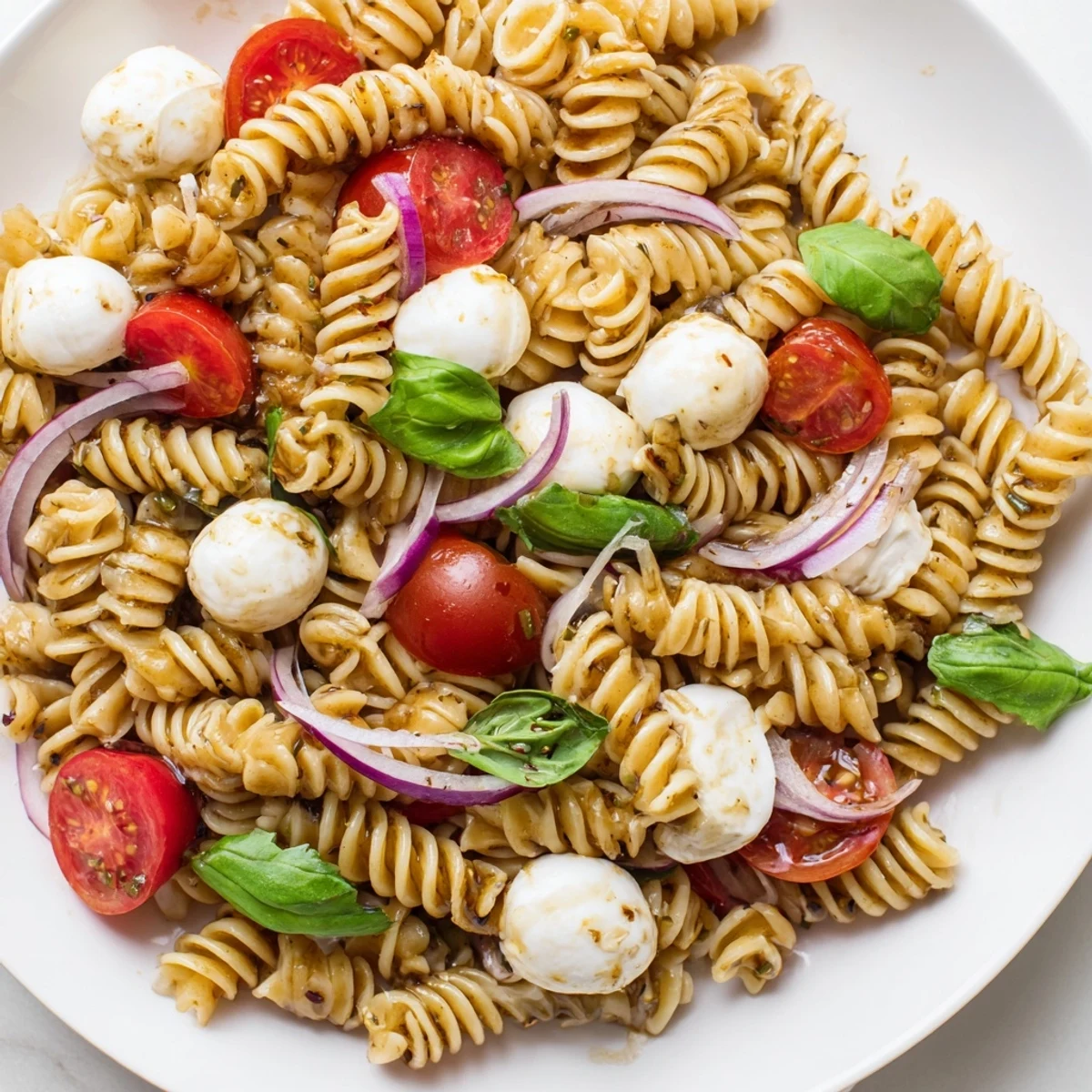 Caprese Pasta Salad tossed with torn basil, balsamic dressing, and al dente fusilli pasta