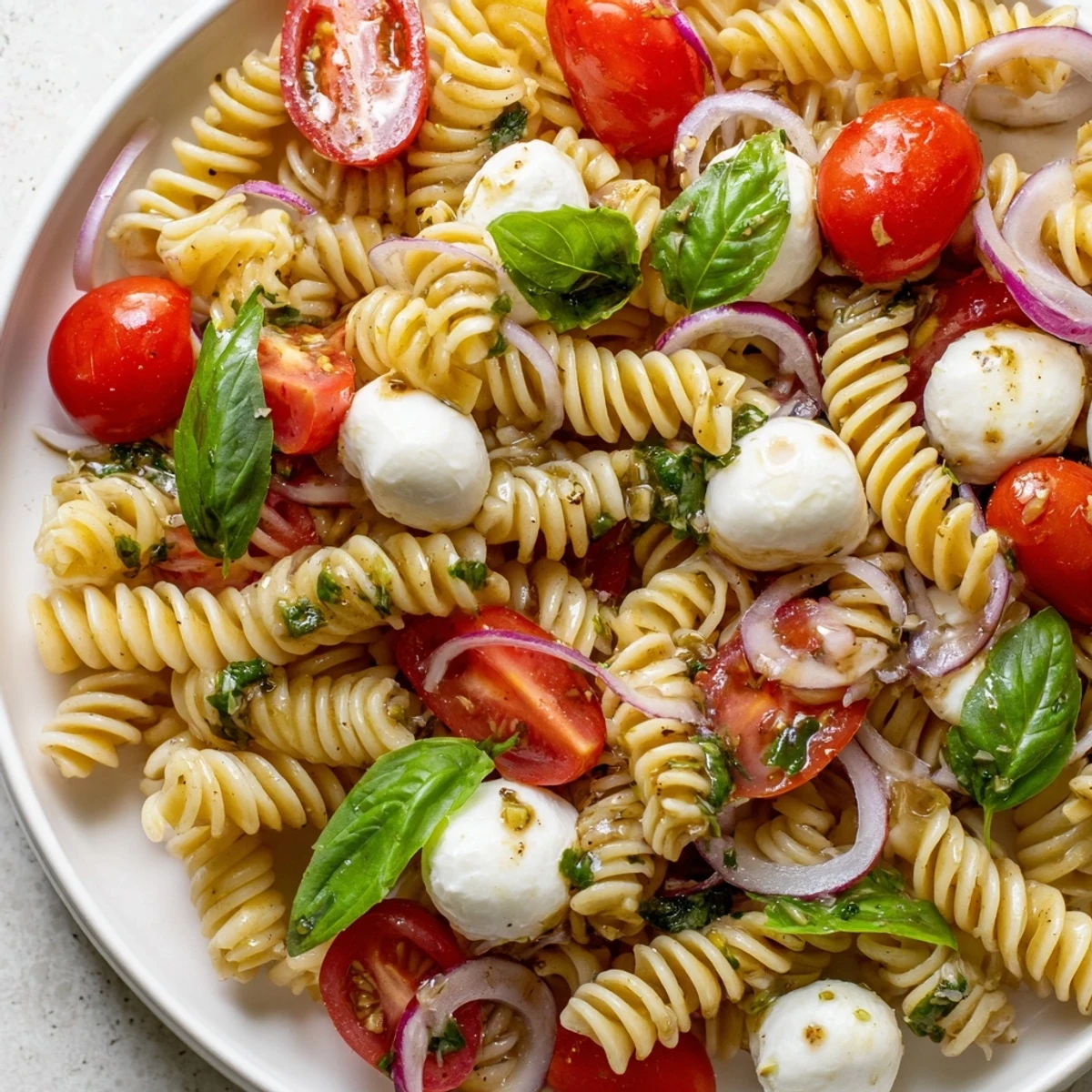 Caprese Pasta Salad served chilled on a rustic wooden table garnished with basil leaves