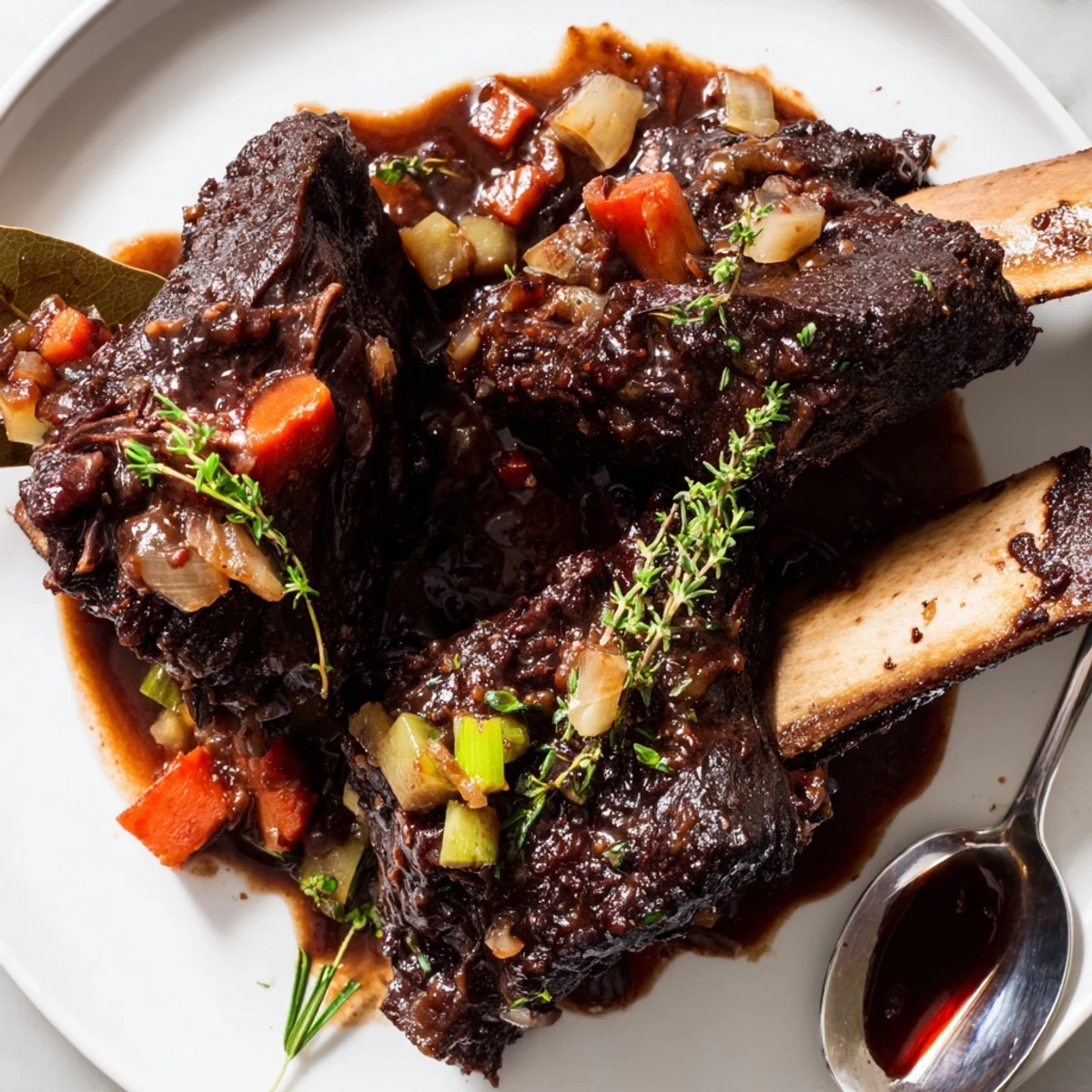 Fall-off-the-bone beef short ribs glistening with rich red wine braising sauce on a rustic platter