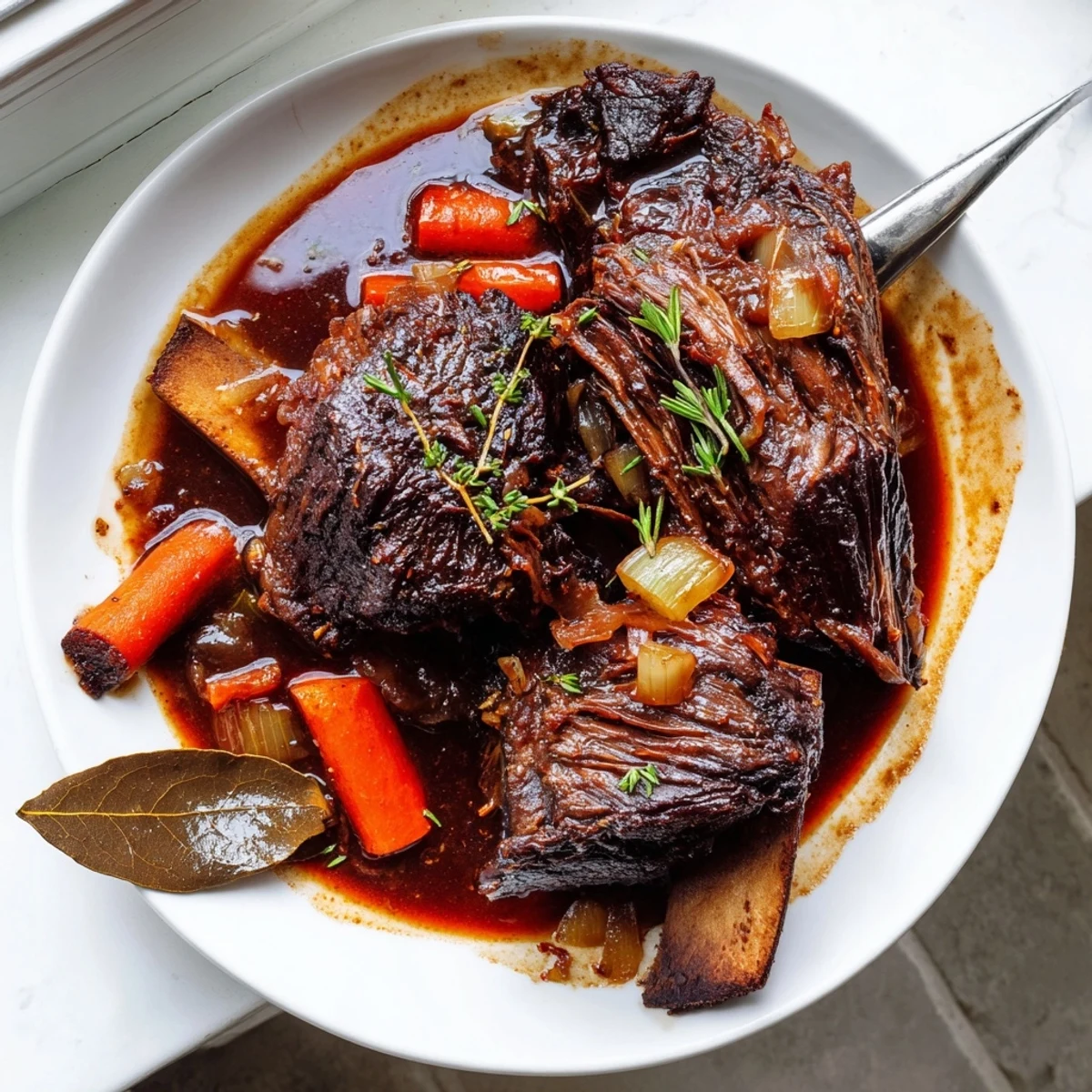 Tender oven braised beef short ribs nestled over creamy mashed potatoes with herb-infused gravy