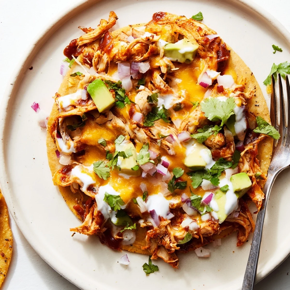 Golden tostada shells piled high with tender smoky BBQ chicken, melted cheese, and tangy sour cream drizzle