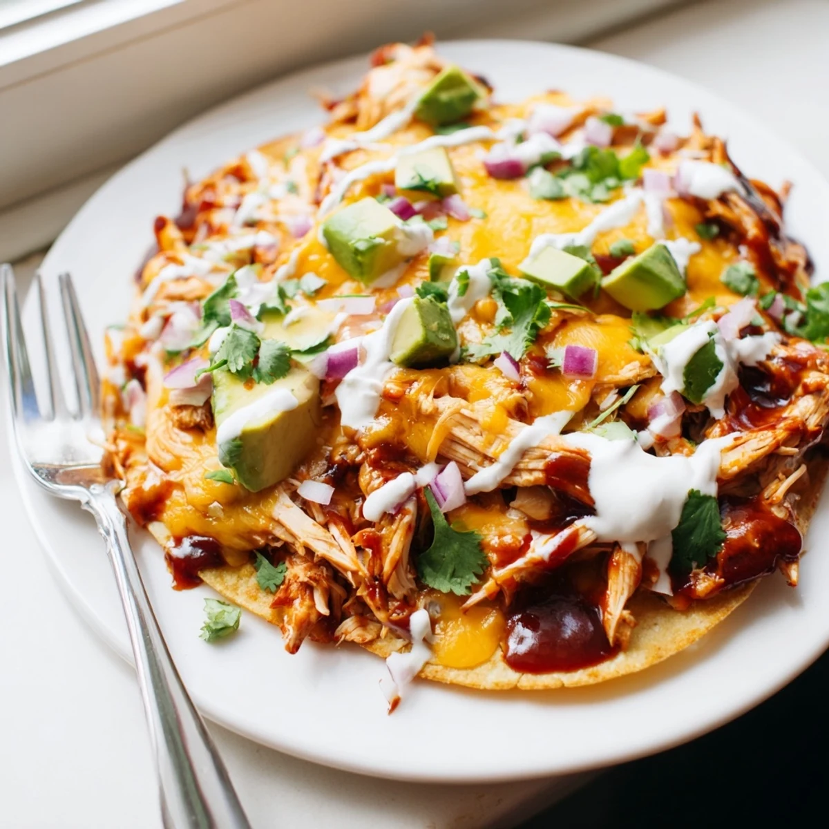 Vibrant sweet smoky BBQ chicken tostadas garnished with red onion, cilantro, and a squeeze of fresh lime