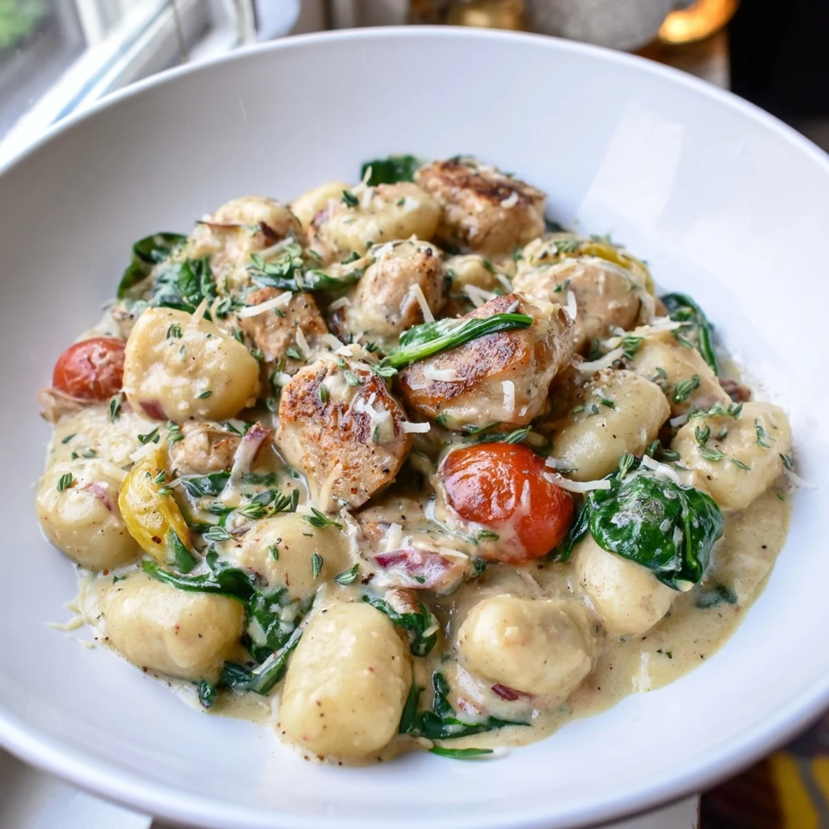 Creamy herb chicken gnocchi skillet bubbling in a cast iron pan with fresh parsley