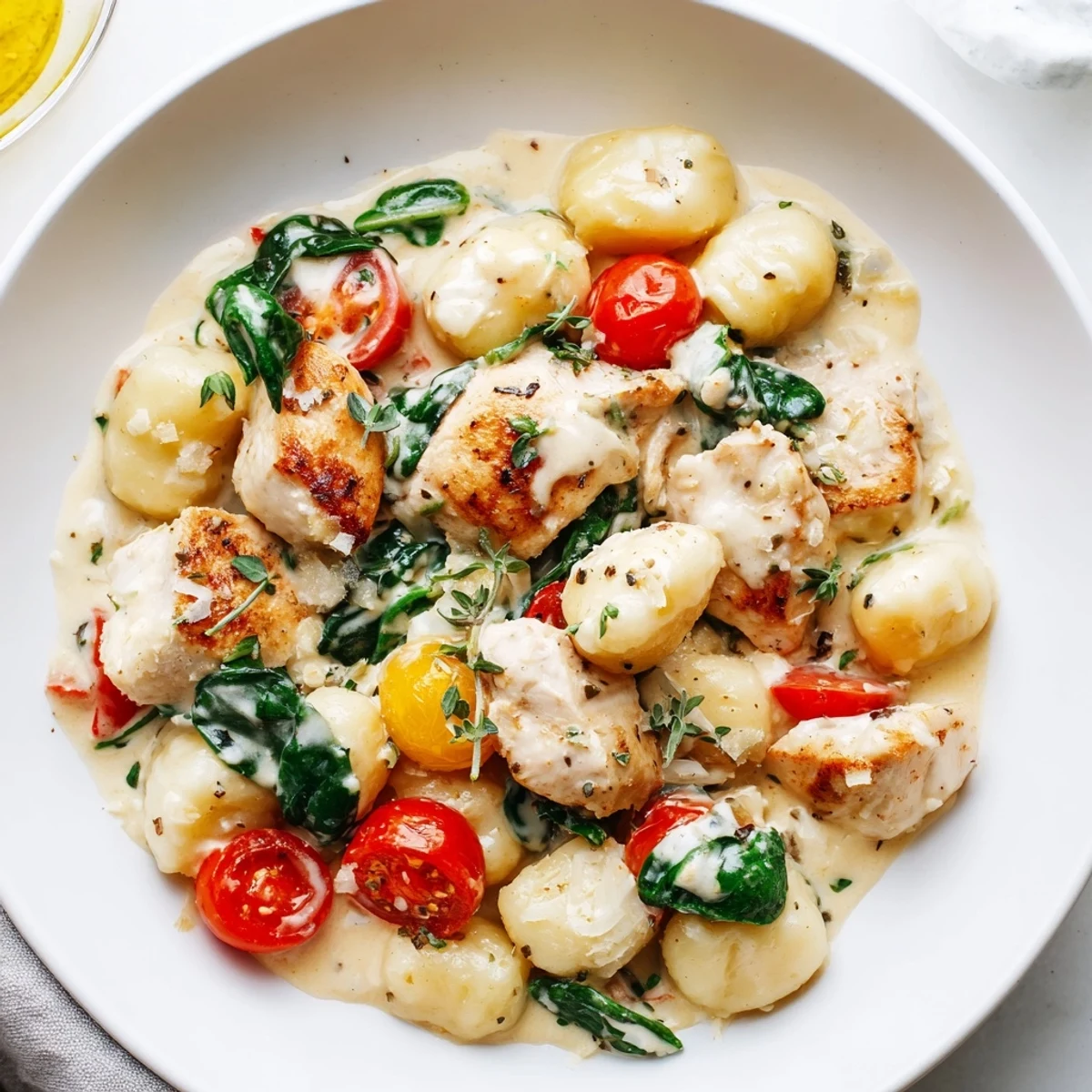 Golden chicken and pillowy gnocchi coated in a rich herb cream sauce