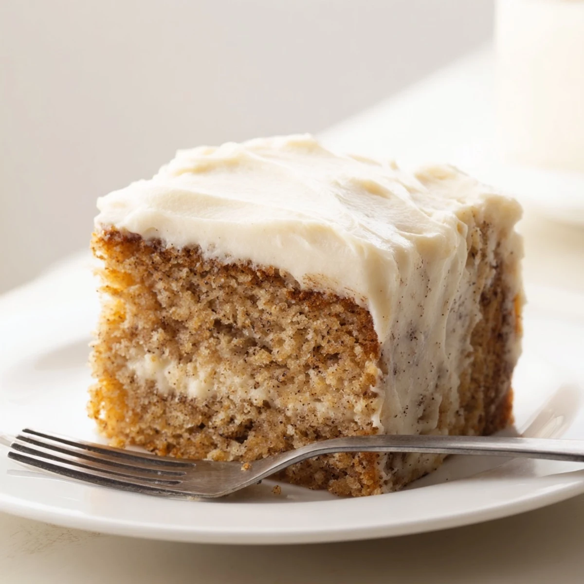 A warm slice of brown butter banana cake topped with a thick layer of cream cheese frosting on a rustic plate.