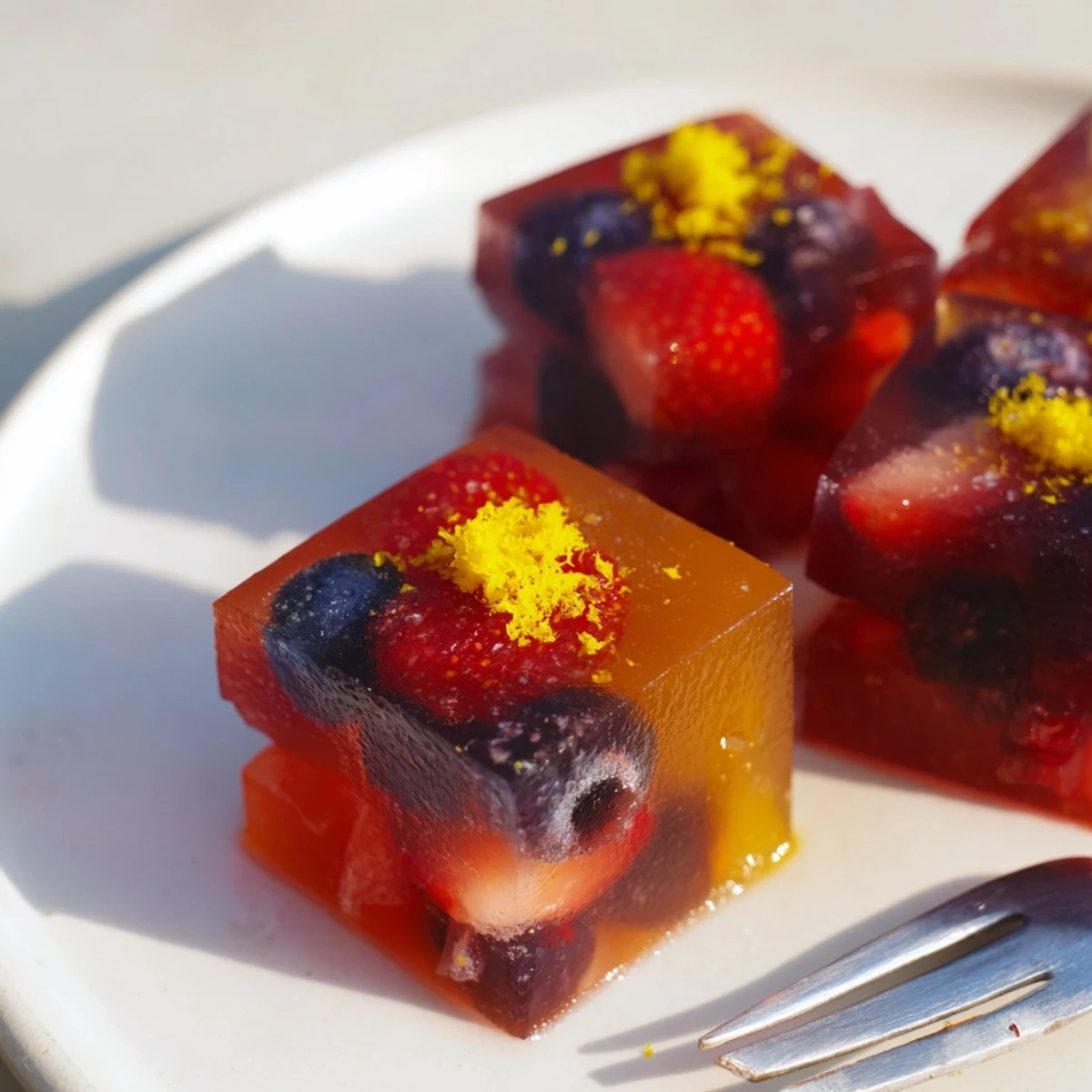 Translucent collagen fruit jellies dusted with lemon zest beside fresh scattered berries