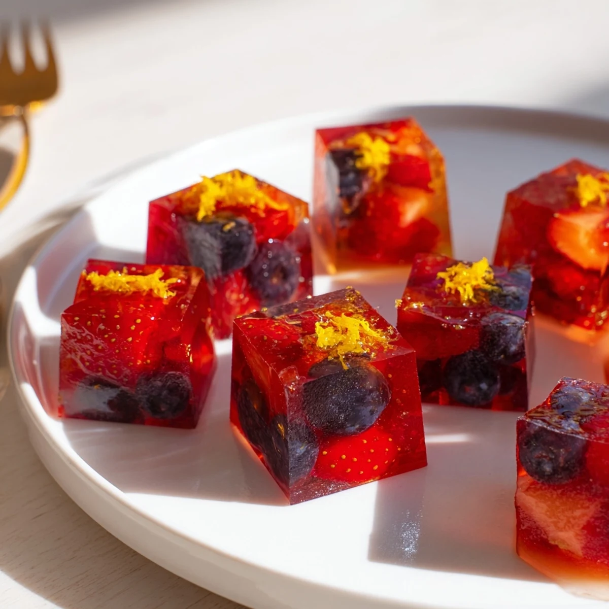 Colorful collagen fruit jellies gleaming in a silicone mold on a marble countertop