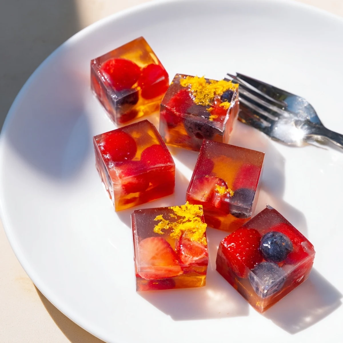 Diamond-cut collagen fruit jellies stacked on a chilled ceramic plate with mint garnish