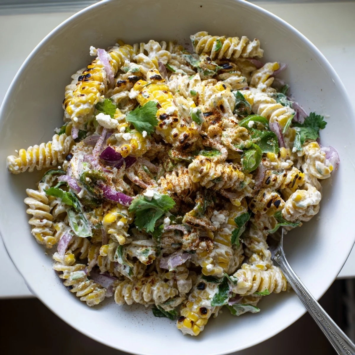 Charred corn and tangy lime coat this vibrant Elote Street Corn Pasta Salad