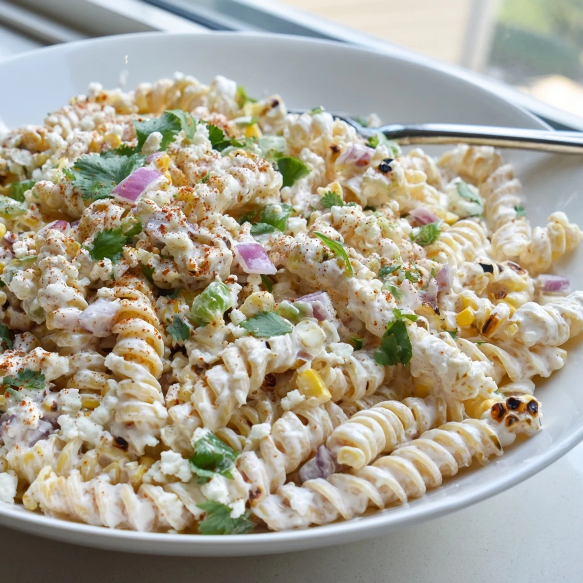Creamy Elote Street Corn Pasta Salad topped with crumbled cotija and fresh cilantro