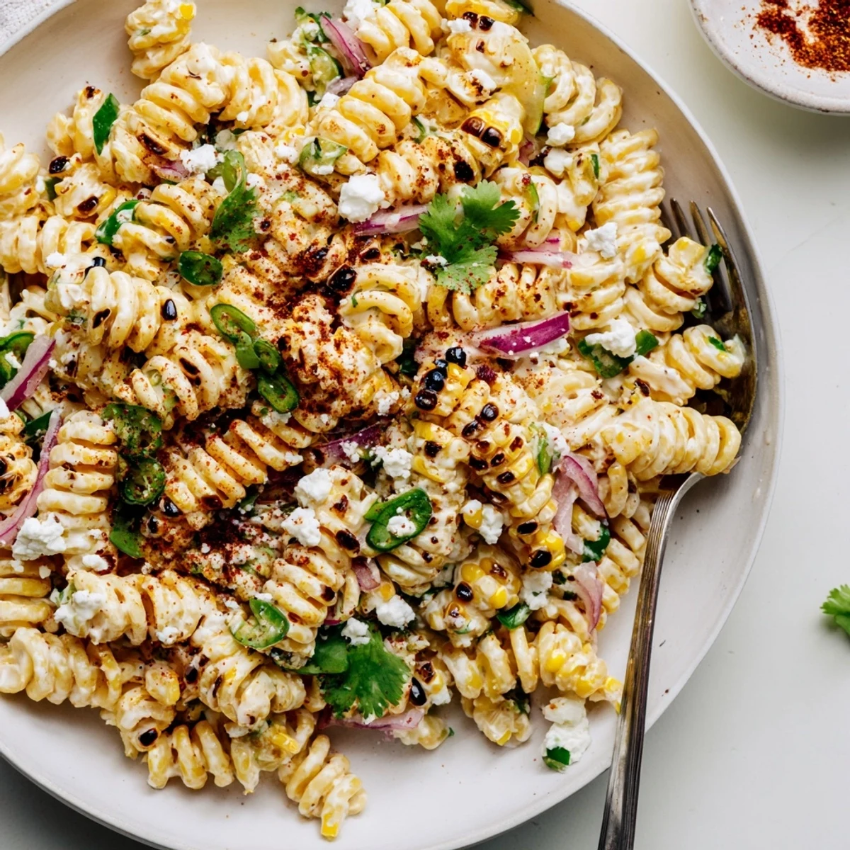Golden roasted kernels and spicy Tajín garnish a bowl of Elote Street Corn Pasta Salad