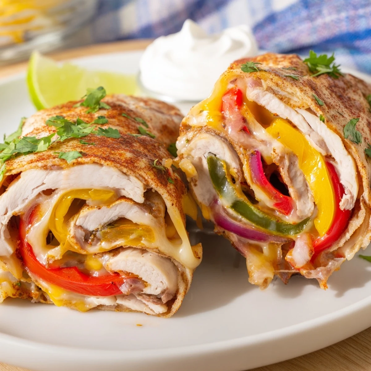 Golden baked chicken fajita roll ups with bubbling Monterey Jack and colorful peppers.