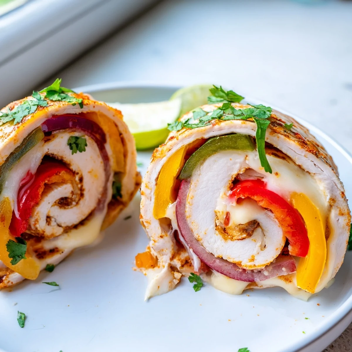 Juicy baked chicken fajita roll ups sliced open, oozing melted cheese onto a ceramic plate.