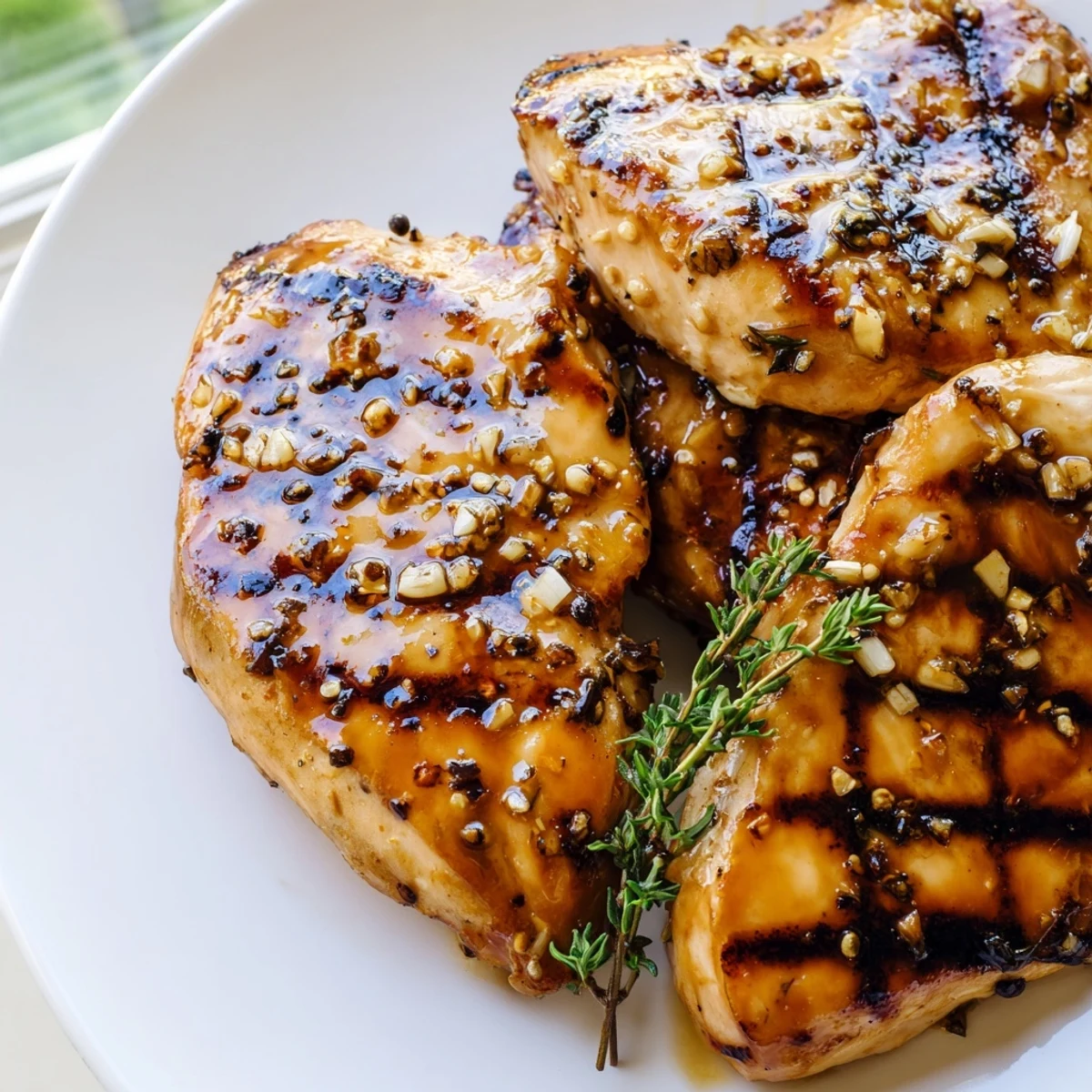 Maple Dijon Grilled Chicken served alongside charred vegetables and fresh thyme garnish