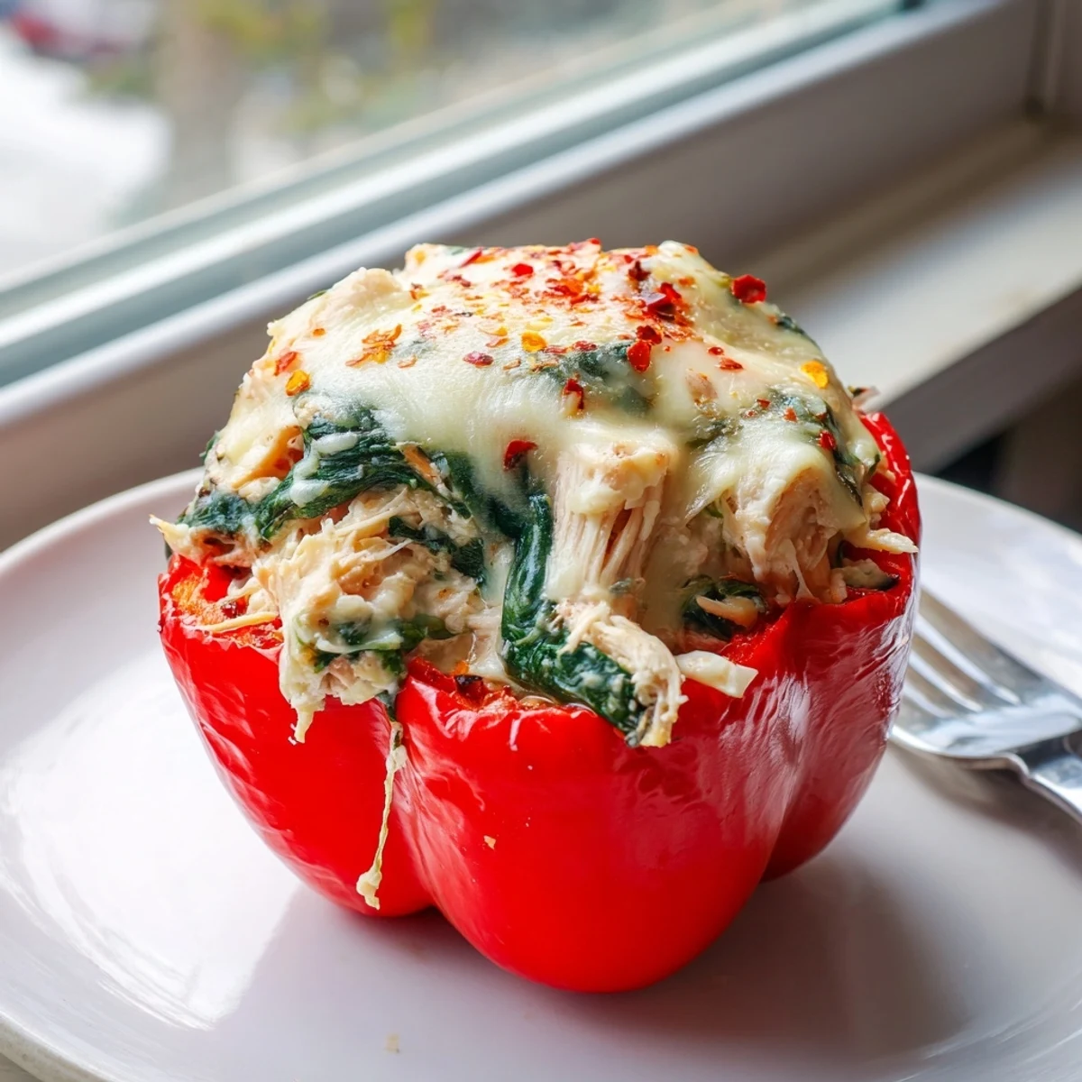 Vibrant bell peppers overflowing with creamy chicken Florentine filling fresh from oven